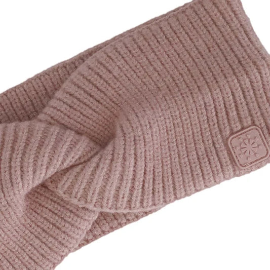 Bandeau d'hiver - Calikids rose poudré en maille côtelée avec torsade sur le devant vue de détail