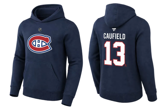 Hoodie Canadiens - Caufield bleu marine en tissu doux, avec logo du Canadien de Montréal devant, nom et numéro 13 au dos, vue de face et dos.