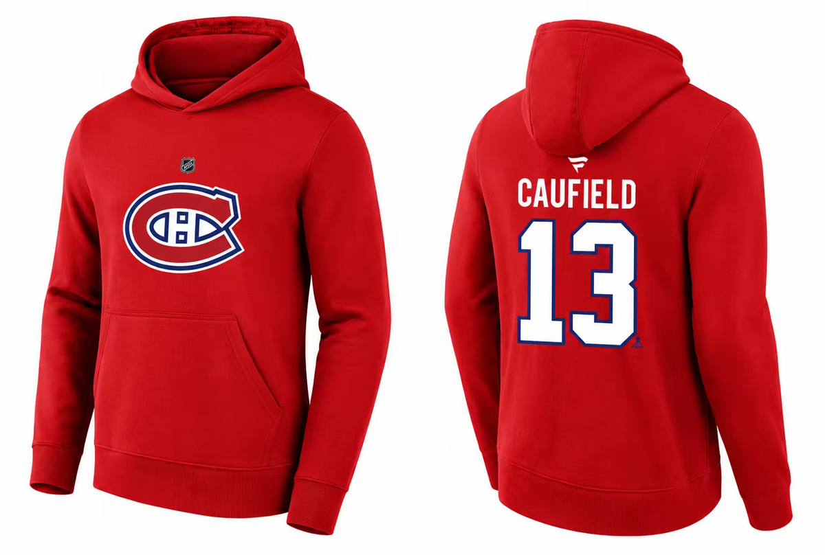 Hoodie Canadiens - Caufield rouge en coton, à capuche, avec logo Canadiens sur le devant et nom Caufield avec numéro 13 au dos, vue de face et dos.