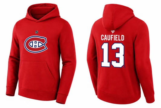 Hoodie Canadiens - Caufield rouge en coton, à capuche, avec logo Canadiens sur le devant et nom Caufield avec numéro 13 au dos, vue de face et dos.
