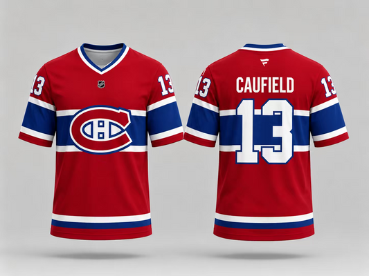 Jersey manches courtes - Caufield rouge avec bandes bleues et blanches, logo central, numéro 13 sur les manches et le dos, vue de face et dos.