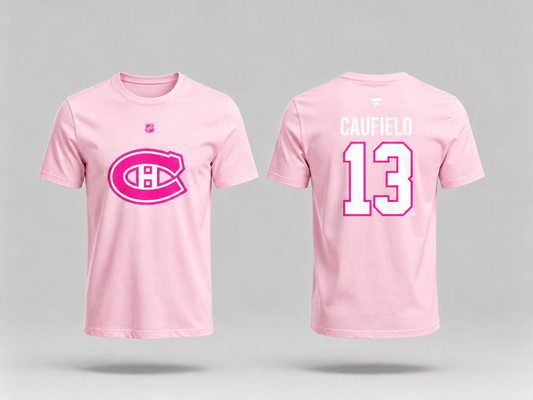 T-Shirt Canadiens Coton Rose - Caufield, t-shirt coton rose clair avec logo Canadiens rose et blanc à l'avant, nom et numéro 13 au dos, vue de face et dos.