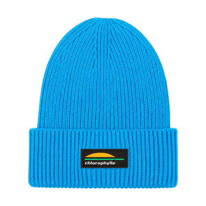 Tuque d'hiver - Chlorophylle bleue en tricot côtelé avec revers ajusté et écusson du logo vue de face