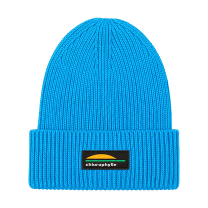 Tuque d'hiver - Chlorophylle bleue en tricot côtelé avec revers ajusté et écusson du logo vue de face