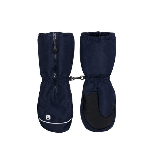 Mitaines d'hiver Chuck - Gusti bleu marine pour enfant avec fermeture éclair et attache de sécurité vues de face et de dos