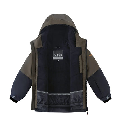 Habit de neige Conan - Gusti ouvert avec doublure bleu marine et grise et capuchon pour enfant vue de face