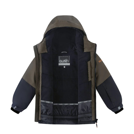 Habit de neige Conan - Gusti ouvert avec doublure bleu marine et grise et capuchon pour enfant vue de face