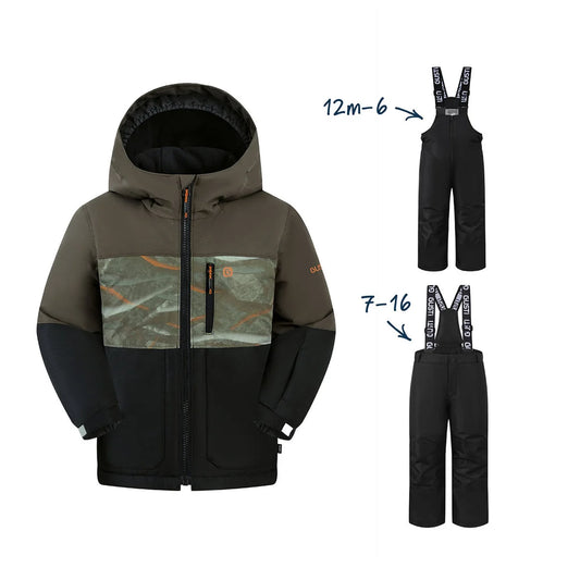 Habit de neige Conan - Gusti pour enfant en vert kaki et noir avec empiècement camouflage et bretelles vue de face