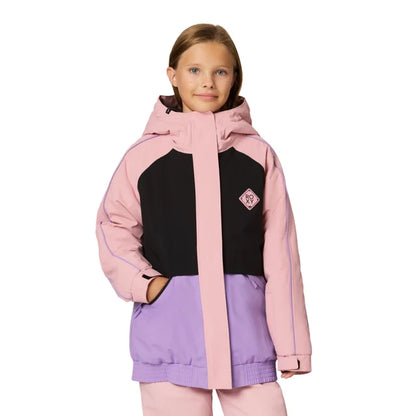 Manteau d'hiver - Roxy rose, noir et violet avec capuche, pour fille, vue de face sur mannequin humain