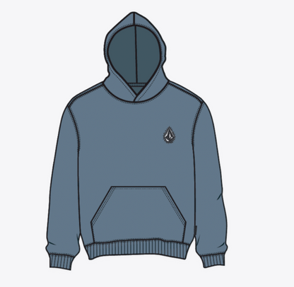 Hoodie - Volcom bleu gris en coton avec capuche, poche kangourou, logo brodé sur la poitrine, vue de face.