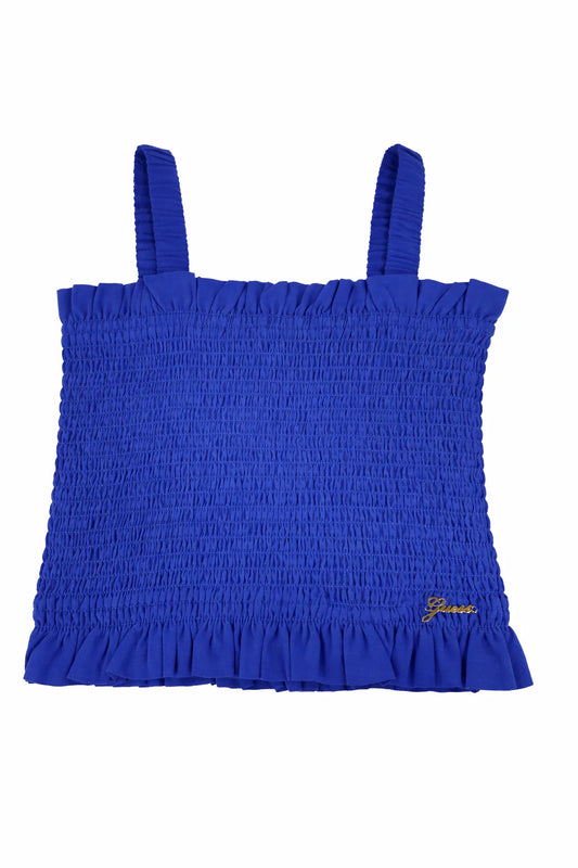 Camisole - Guess bleu roi à bretelles avec fronces et volants, détail logo doré, vue de face, pour enfant fille.