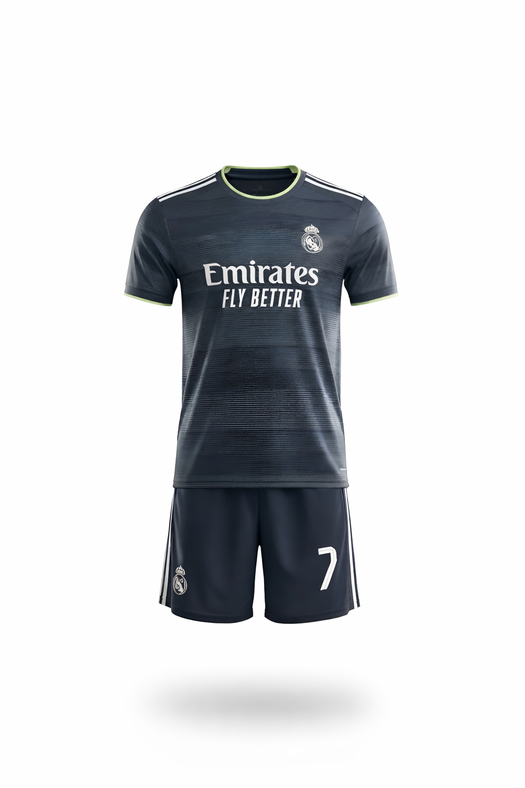 Ensemble de soccer Real Madrid - Ronaldo noir et gris en polyester, tenue enfant, vue de face complète avec short et maillot.