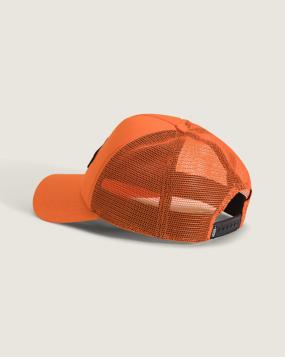 Casquette Classic Patch Trucker - Vans orange avec panneau arrière en maille respirante, fermeture snapback réglable, vue de côté arrière.