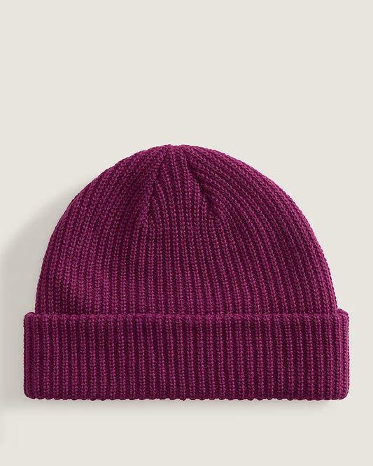 Bonnet en maille côtelée bordeaux avec revers, style classique, vue de face