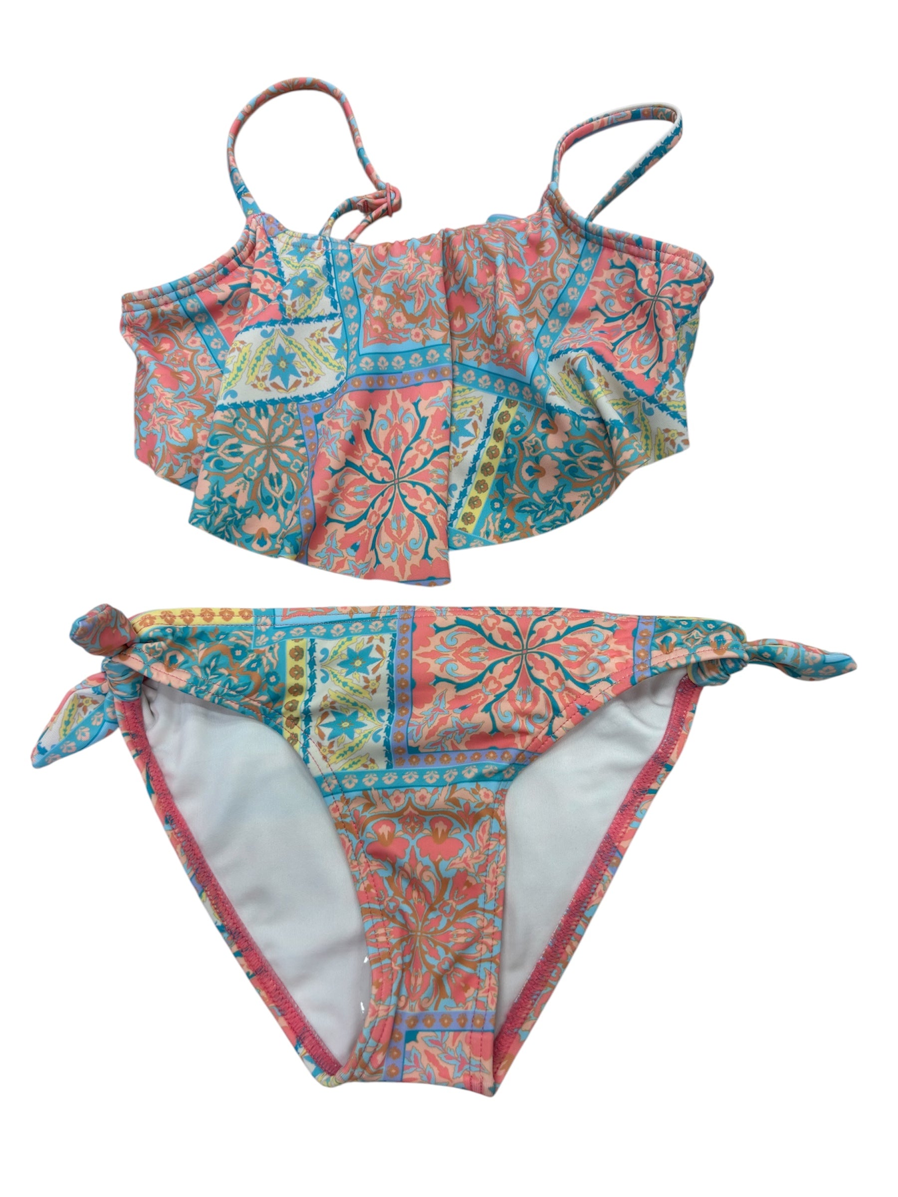 Maillot de bain 2 pièces - Billabong rose, bleu et jaune avec motifs, en polyester et élasthanne, vue de face sur fond blanc