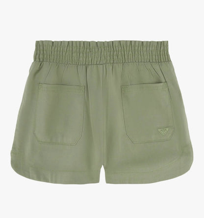 Short - Roxy vert kaki en coton 100% pour enfant vue de dos avec poches plaquées et ceinture élastique