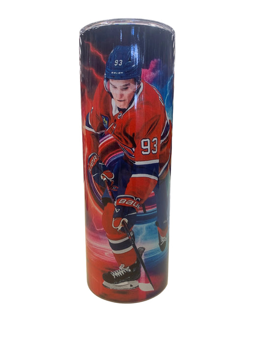 Bouteille isotherme - Demidov avec illustration vibrante joueur de hockey en rouge et bleu, vue de face cylindrique antidérapante.