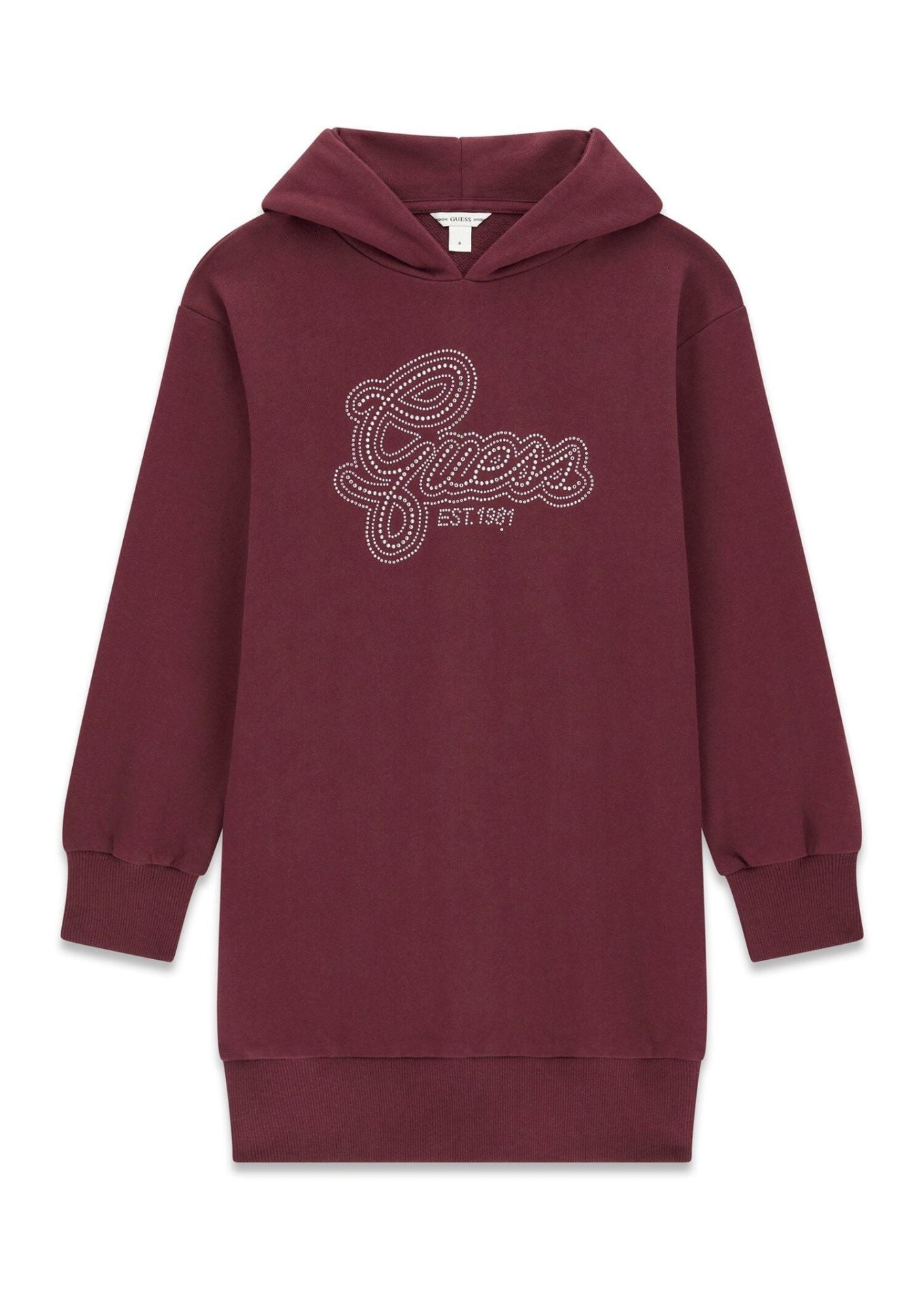 Robe - Guess bordeaux en coton avec capuche et logo brodé en relief sur le devant, style décontracté pour enfant, vue de face.