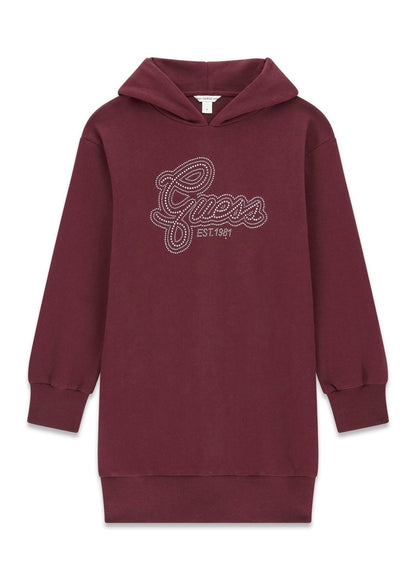 Robe - Guess bordeaux en coton avec capuche et logo brodé en relief sur le devant, style décontracté pour enfant, vue de face.