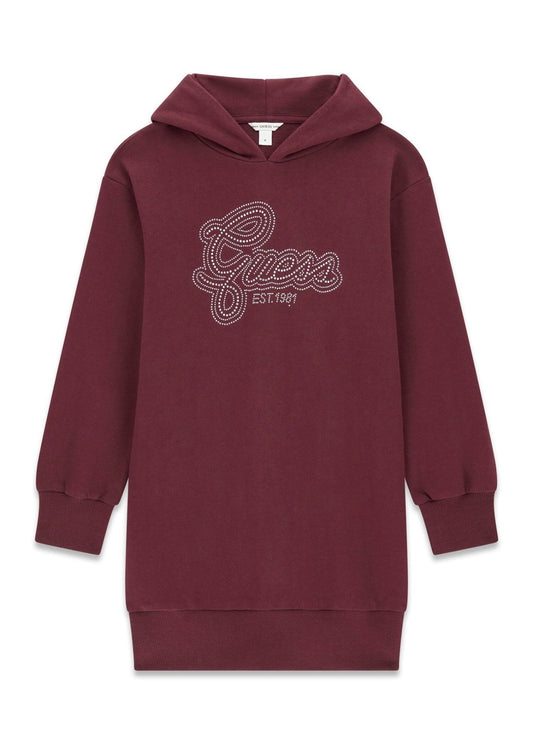 Robe - Guess bordeaux en coton avec capuche et logo brodé en relief sur le devant, style décontracté pour enfant, vue de face.