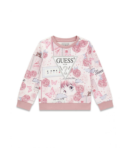 Chandail - Guess rose clair avec motifs fleurs, papillons et visage style manga, manches longues, col et poignets côtelés, pour enfant, vue de face.