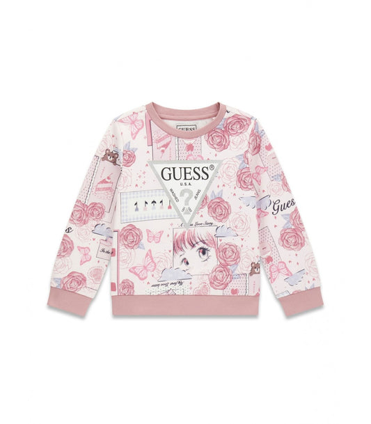 Chandail - Guess rose clair avec motifs fleurs, papillons et visage style manga, manches longues, col et poignets côtelés, pour enfant, vue de face.