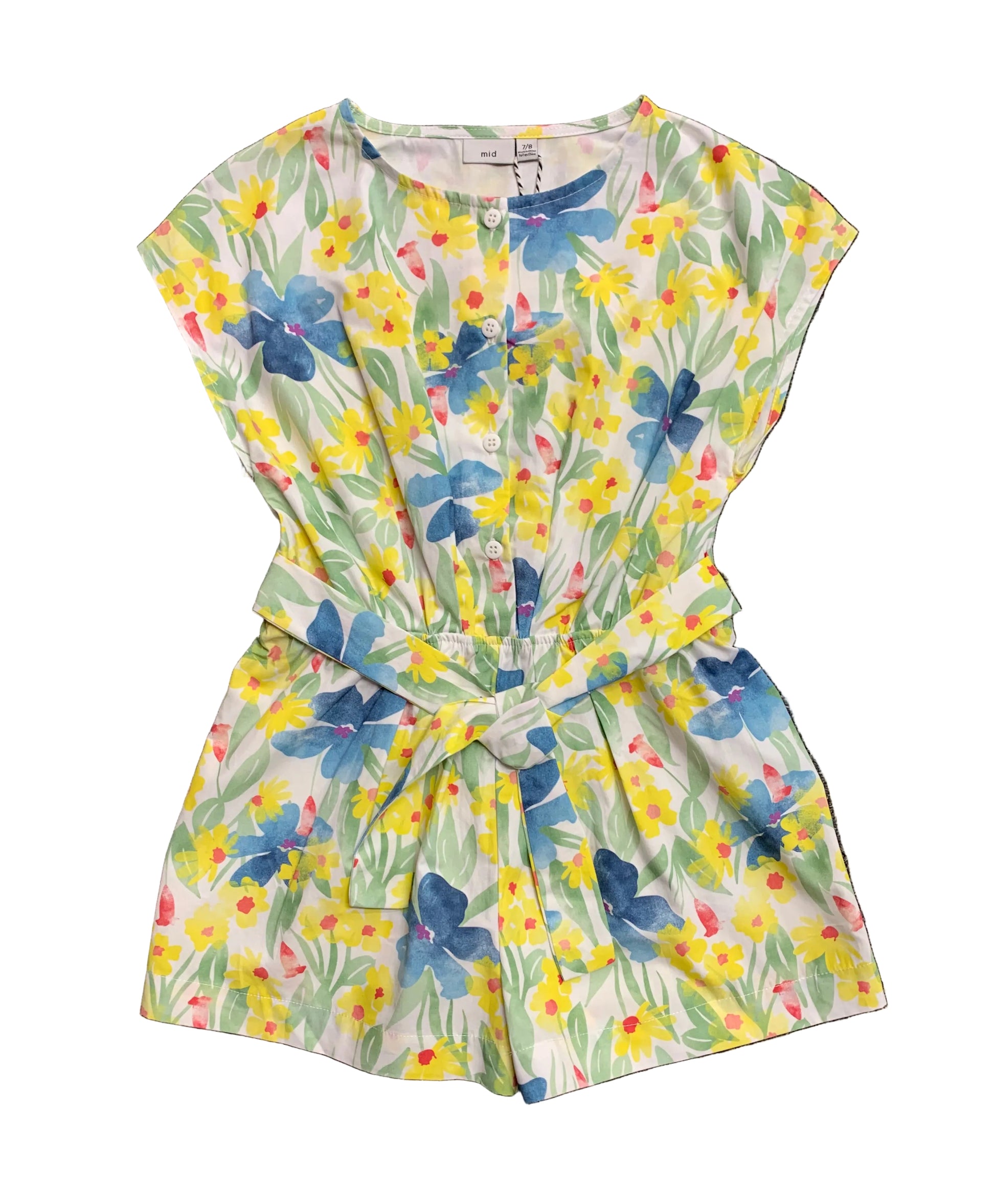 Combi-short - M.i.D. fleurie jaune, bleue et verte en coton, ceinture nouée, style estival pour enfant, vue de face.