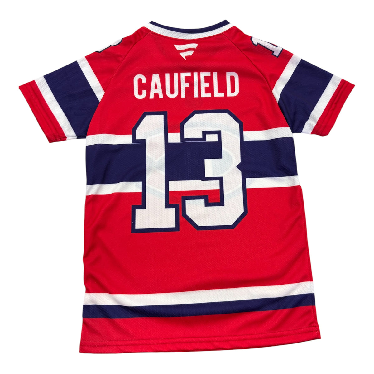 Jersey manches courtes rouge foncé - Caufield - PROMO 2 pour 50$, vue de dos, numéro 13 et bandes blanches et bleu marine