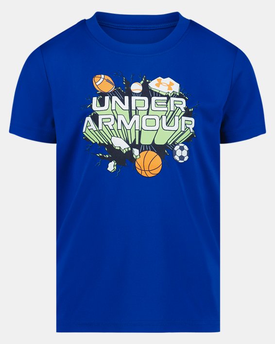 T-Shirt - Under Armour bleu avec logo sportif et motifs ballon de basket, football, base-ball sur polyester.