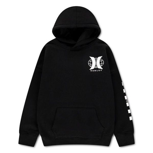 Sweat à capuche noir avec logo blanc et motif graphique sur la manche, poche kangourou, vue de face