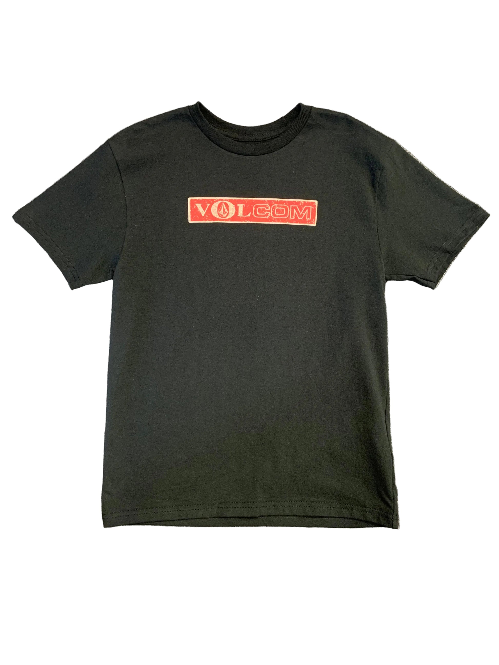 T-Shirt - Volcom noir en coton avec logo rouge imprimé devant, style classique à manches courtes, vue de face.