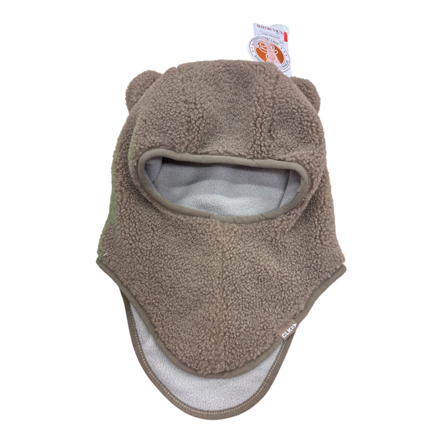 Cagoule - Calikids en polaire bouclée taupe avec oreilles arrondies et doublure grise pour enfant vue de face