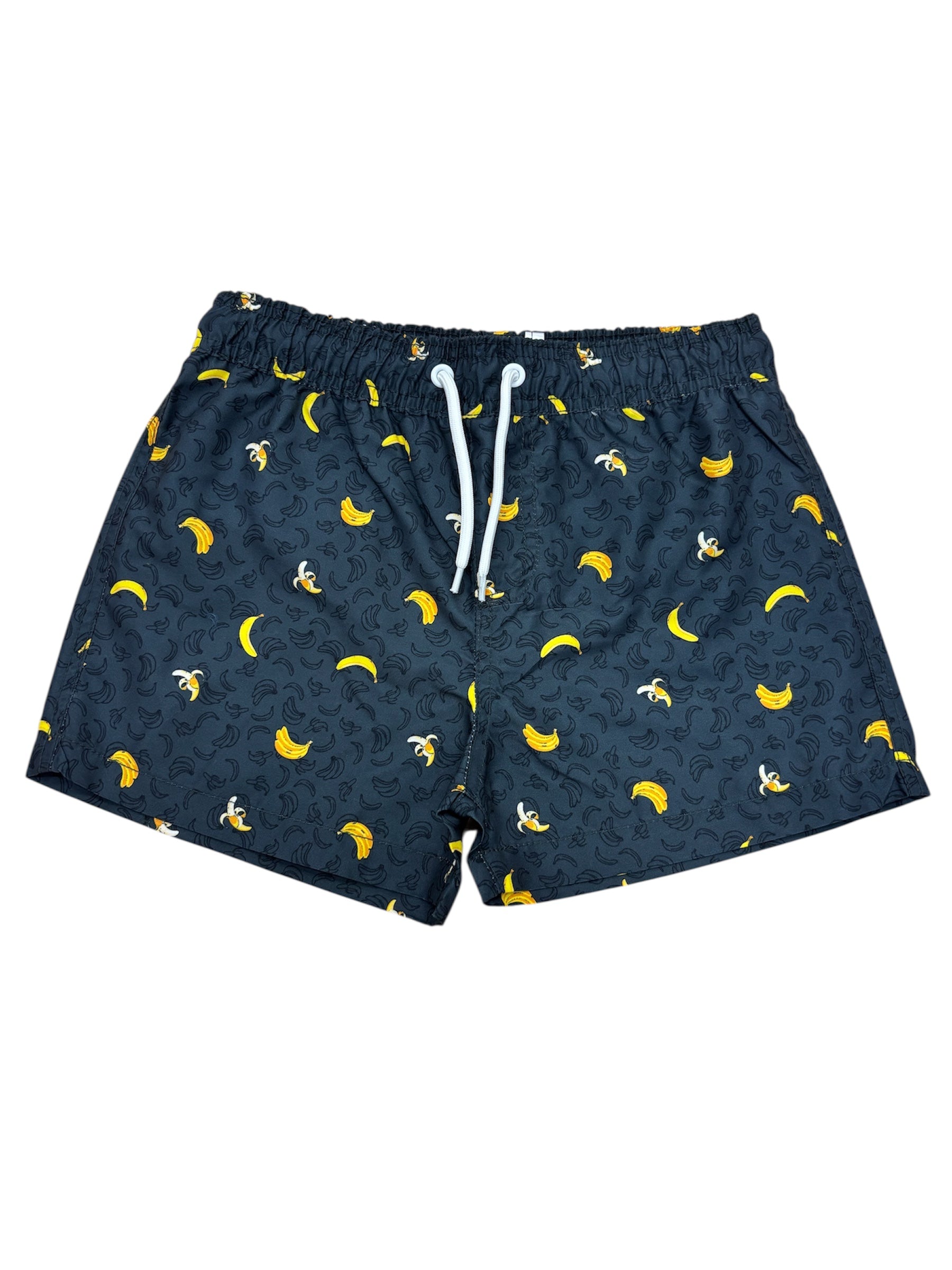 Maillot de bain - Northcoas short bleu marine avec motifs bananes jaunes et blanches, cordon ajustable, vue de face.