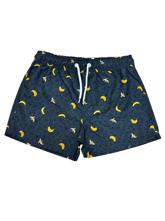 Maillot de bain - Northcoas short bleu marine avec motifs bananes jaunes et blanches, cordon ajustable, vue de face.