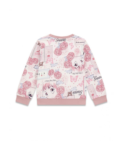 Chandail - Guess pour enfant avec imprimé floral rose, papillons et visages stylisés, manches longues, en coton, vue de dos.