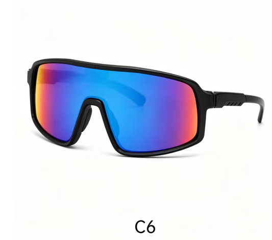 Lunettes de soleil - Kids avec monture noire et verres miroirs dégradés bleus, rouges et orange, style sportif, vue de face.