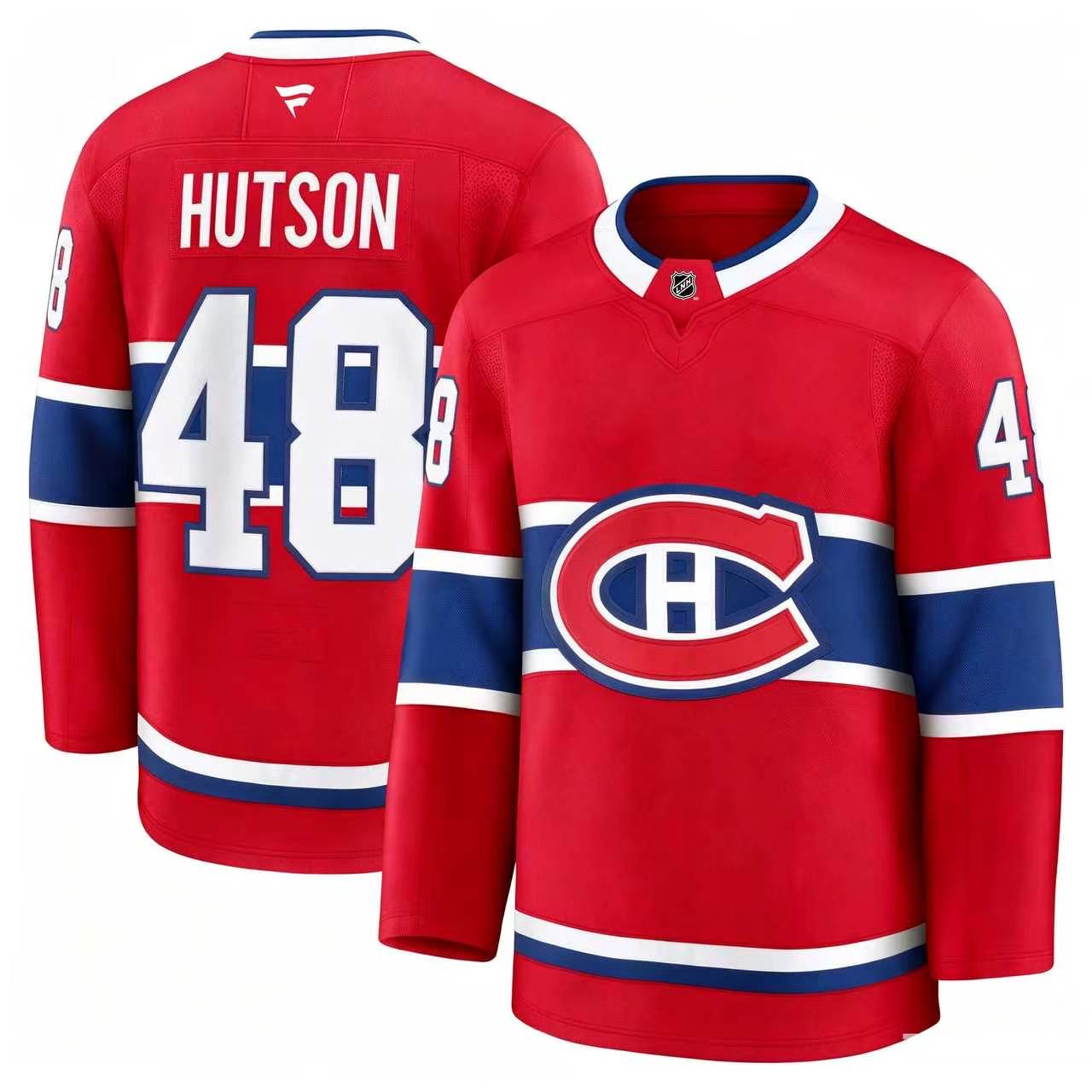 Jersey de hockey Canadiens - Hutson rouge avec bandes bleues et blanches, logo central, numéro 48, vue de face et dos, style adulte.