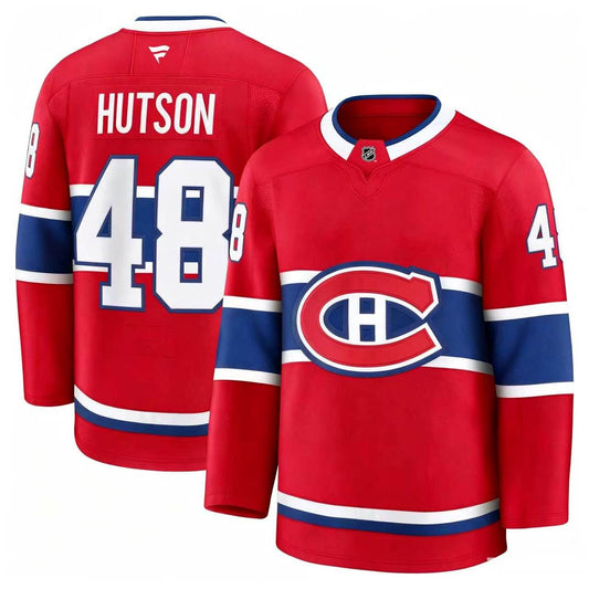 Jersey de hockey Canadiens - Hutson rouge avec bandes bleues et blanches, logo central, numéro 48, vue de face et dos, style adulte.