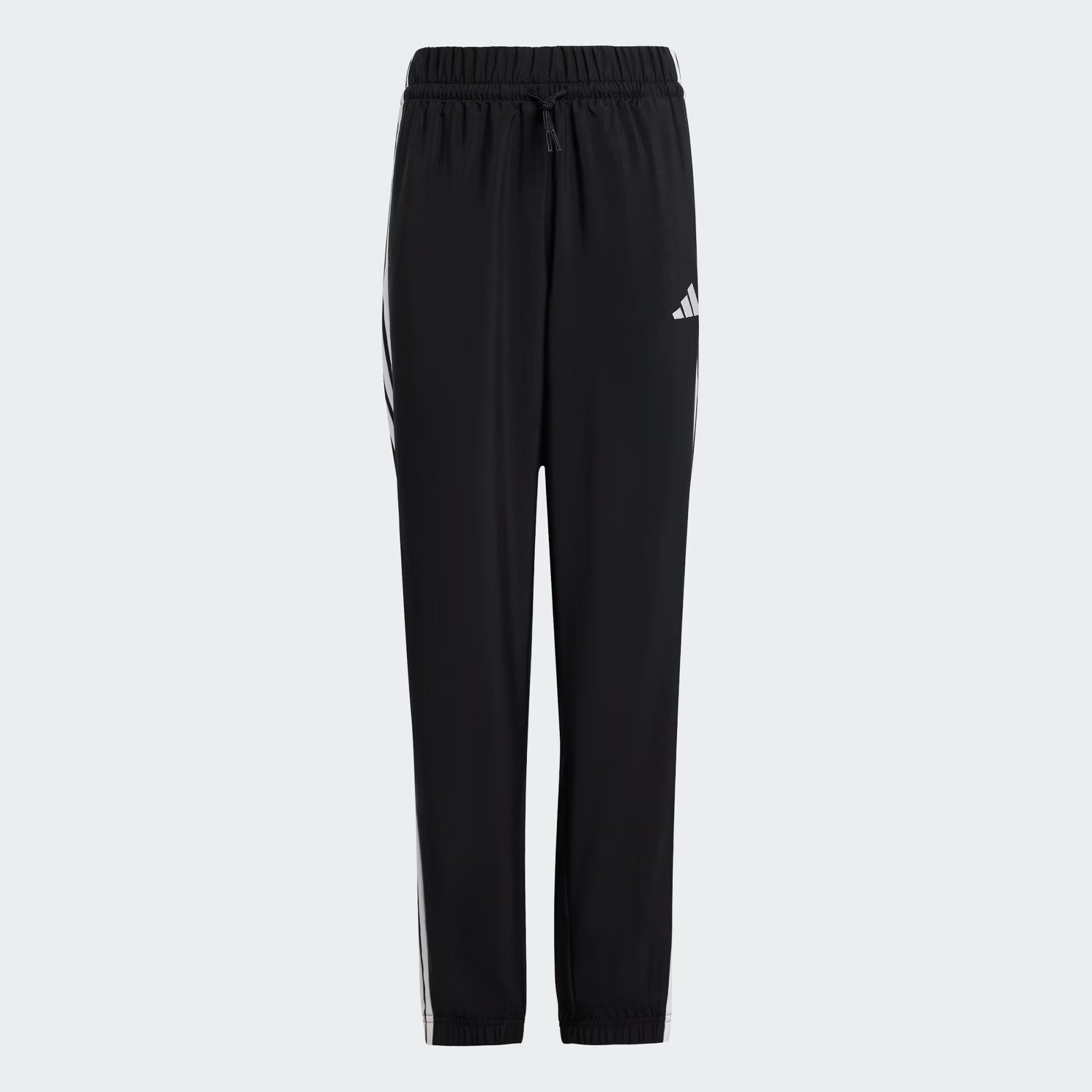 Pantalon - Adidas noir avec logo blanc sur la cuisse, taille élastique avec cordon, destiné aux enfants, vue de face, matière légère et respirante.