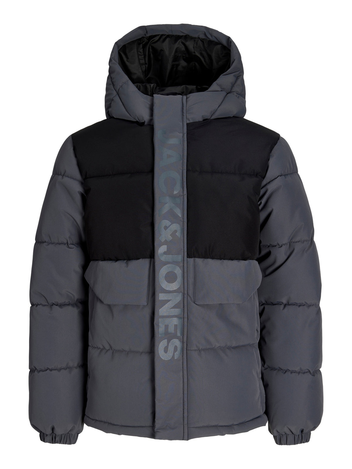 Manteau d'hiver - Jack & Jones noir et gris matelassé à capuche avec poches à rabat pour homme vue de face