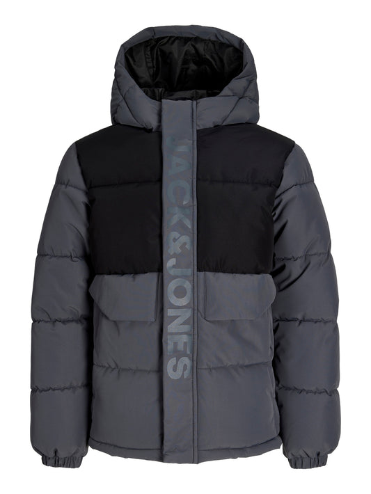 Manteau d'hiver - Jack & Jones noir et gris matelassé à capuche avec poches à rabat pour homme vue de face