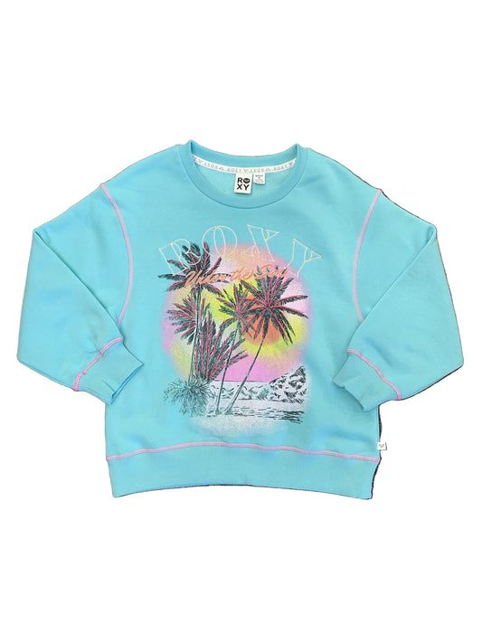 Chandail - Roxy bleu clair en coton avec motifs de palmiers colorés et lettrage, style décontracté, vue de face.
