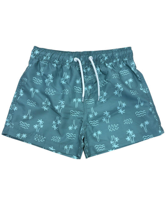 Maillot de bain - Northcoas short bleu avec motifs palmiers blancs, tissu polyester, taille ajustable, vue de face.