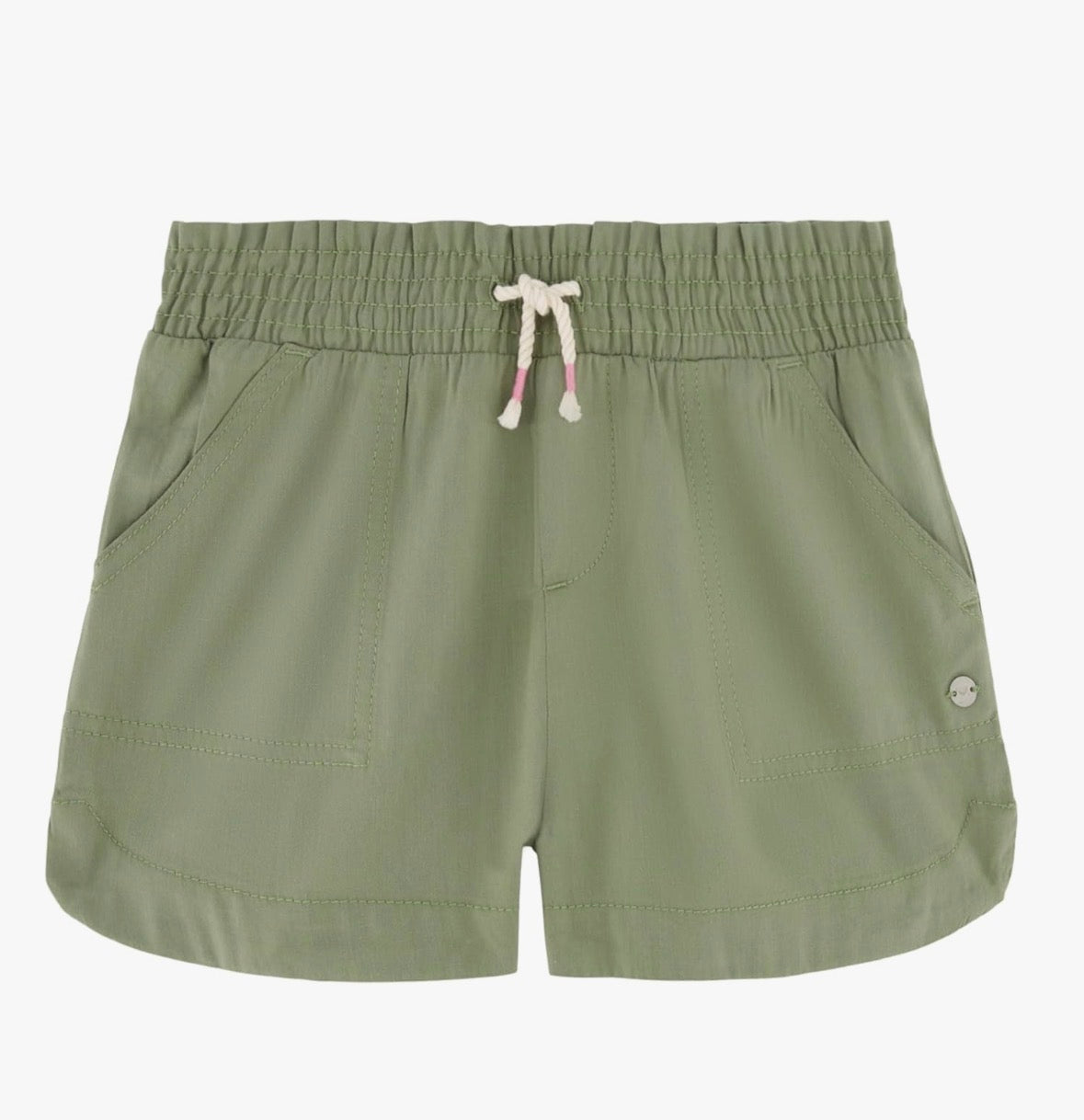 Short - Roxy vert olive en coton 100%, style décontracté avec cordon à la taille, vue de face en orientation portrait.