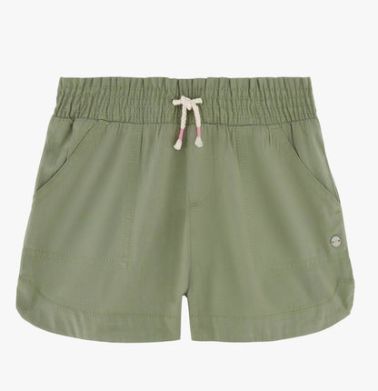 Short - Roxy vert olive en coton 100%, style décontracté avec cordon à la taille, vue de face en orientation portrait.