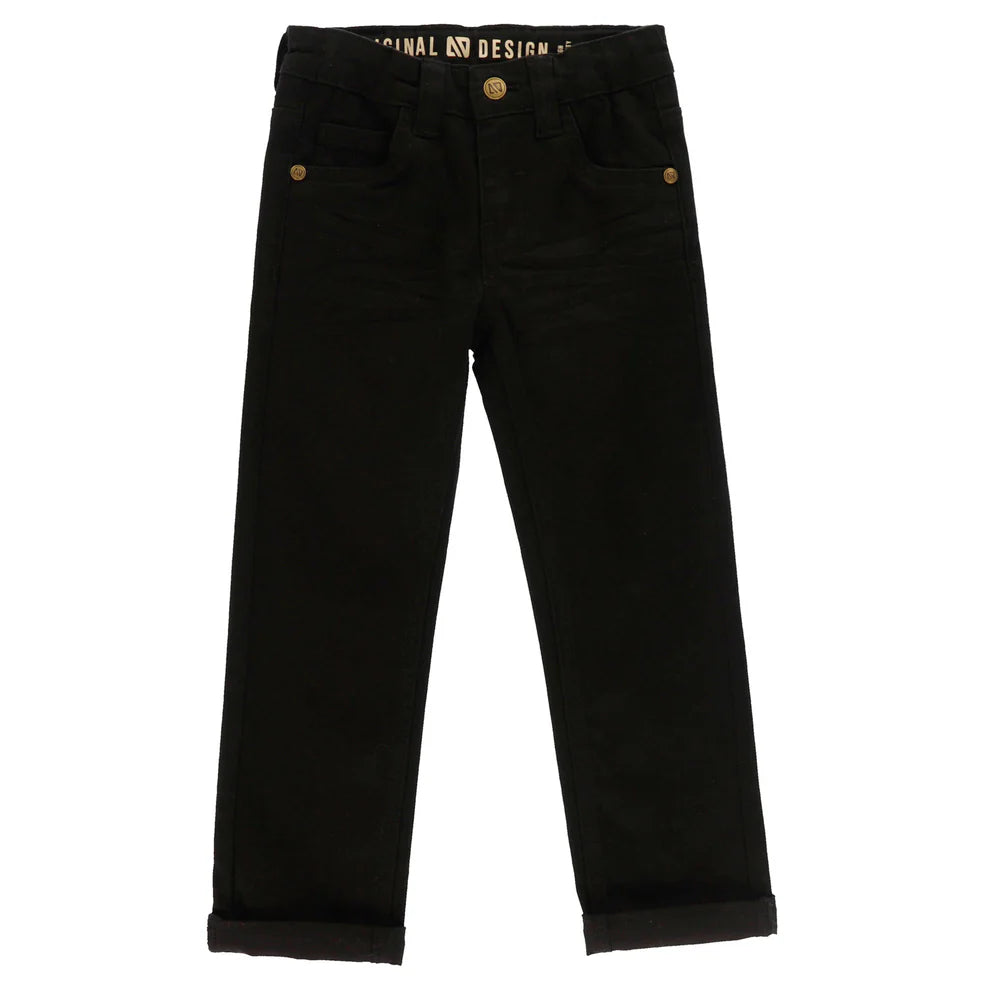 Pantalon - Nanö noir en coton avec bouton doré, coupe droite pour enfant, vue de face sur fond blanc.