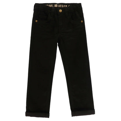 Pantalon - Nanö noir en coton avec bouton doré, coupe droite pour enfant, vue de face sur fond blanc.