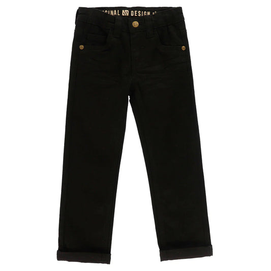 Pantalon - Nanö noir en coton avec bouton doré, coupe droite pour enfant, vue de face sur fond blanc.