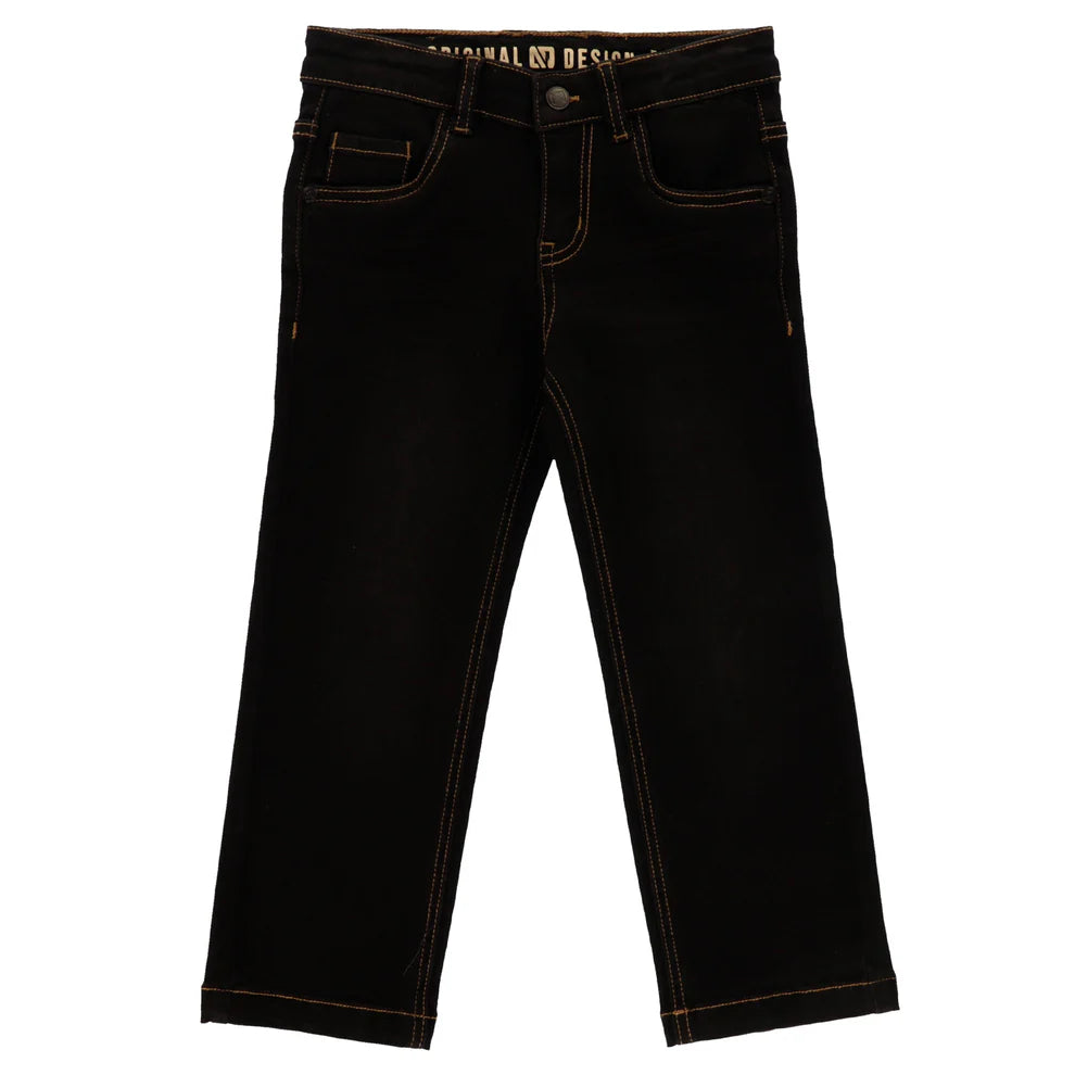 Jeans - Nanö noir en denim avec coutures contrastantes marron, style droit pour enfant, vue de face.