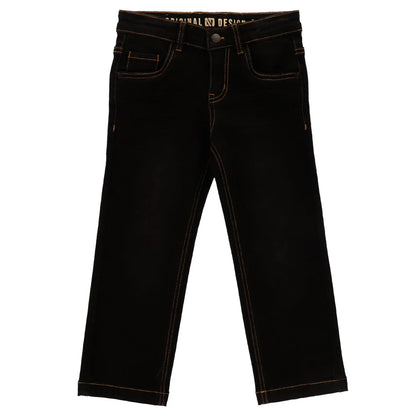 Jeans - Nanö noir en denim avec coutures contrastantes marron, style droit pour enfant, vue de face.